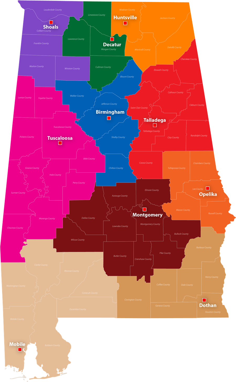 Map of Alabama with regions outlined.